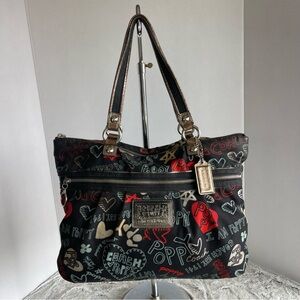 Coach Poppy Graffiti Tote Bag Black Hearts Logo Silver Hardware Carry Straps